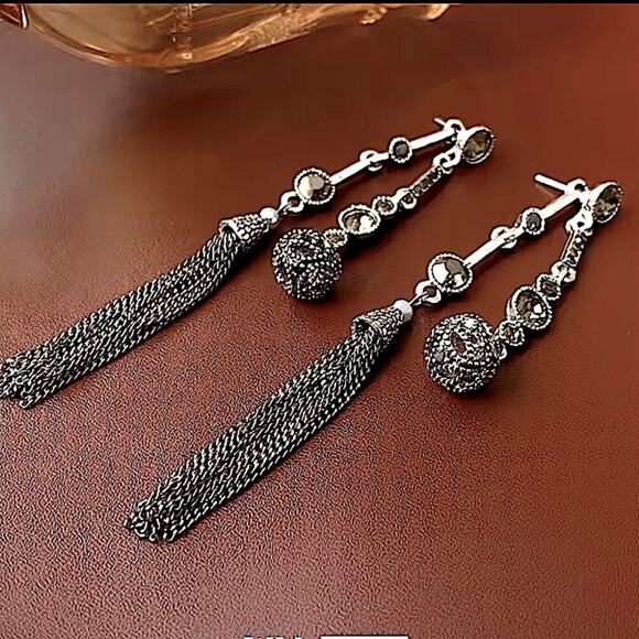 Antique Silver Rhinestone Earring Round Ball Long Fringe Tassel Earrings Boho - Picture 12 of 12
